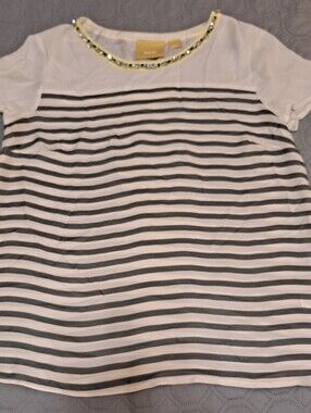 Striped Womens Top with Embellished Jewel  Collar - White & Gray Sz S